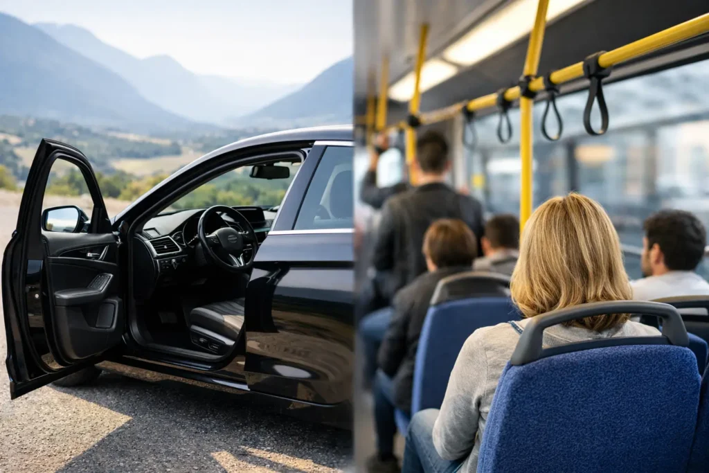 Private Ride Versus Public Transport for Travel